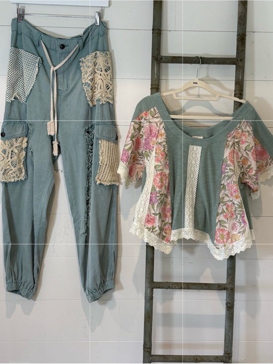 POL Pants - NEW POL SET: “The Millie May” Patchwork Jogger Pants & Floral Lace Top